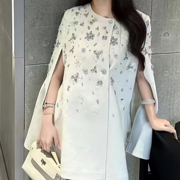 Diamonds Temperament Coats For Women Round Neck Cloak Sleeve Spliced Button Loos - Picture 4 of 6